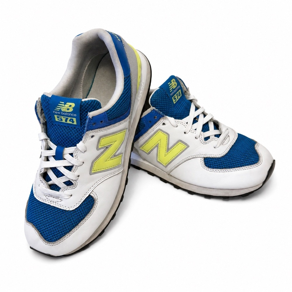 New‎ Balance 574 Mens Sneakers White Blue Lime Green ML574PWB Size 10.5